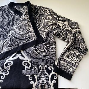 ETRO MILANO wool cardigan wrap sweater Jacquard print black white size 46 10